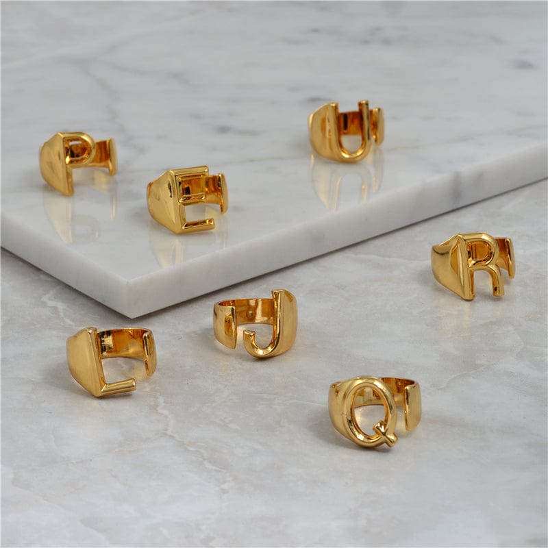 Brass With 18K Yellow Gold Plated English Letters Alphabet Rings Size Adjustable - - Luxury Jewelry by WAAMII