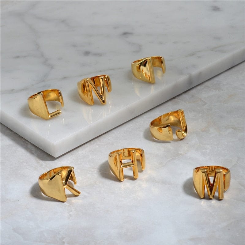 Brass With 18K Yellow Gold Plated English Letters Alphabet Rings Size Adjustable - - Luxury Jewelry by WAAMII