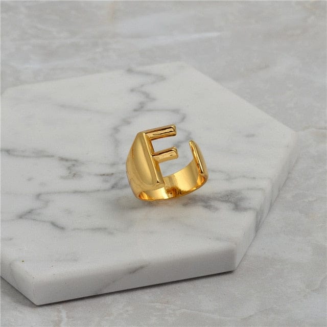 Brass With 18K Yellow Gold Plated English Letters Alphabet Rings Size Adjustable - F - Luxury Jewelry by WAAMII