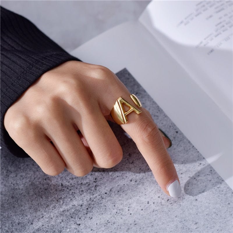 Brass With 18K Yellow Gold Plated English Letters Alphabet Rings Size Adjustable Jewelry WAAMII   
