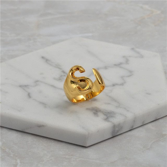 Brass With 18K Yellow Gold Plated English Letters Alphabet Rings Size Adjustable - S - Luxury Jewelry by WAAMII