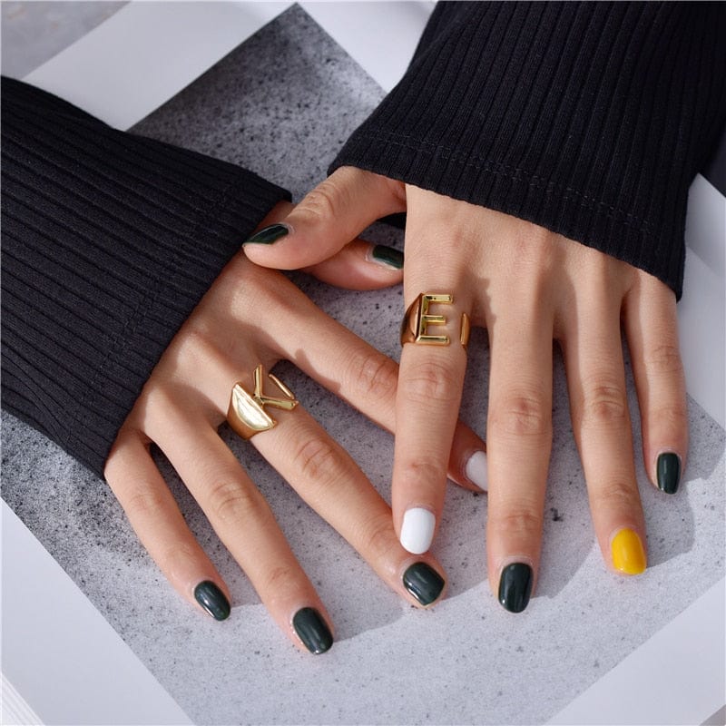 Brass With 18K Yellow Gold Plated English Letters Alphabet Rings Size Adjustable - - Luxury Jewelry by WAAMII