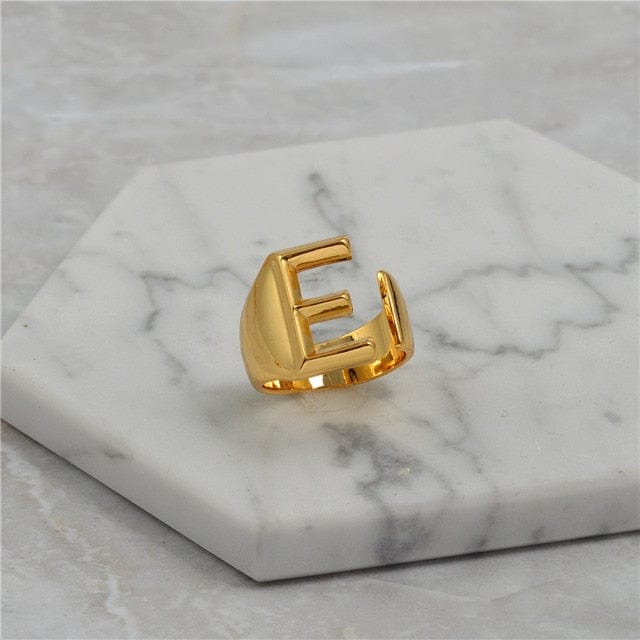 Brass With 18K Yellow Gold Plated English Letters Alphabet Rings Size Adjustable Jewelry WAAMII E  