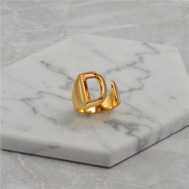 Brass With 18K Yellow Gold Plated English Letters Alphabet Rings Size Adjustable Jewelry WAAMII D