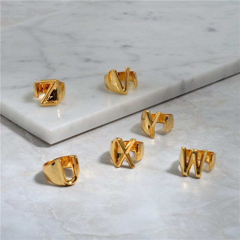 Brass With 18K Yellow Gold Plated English Letters Alphabet Rings Size Adjustable Jewelry WAAMII