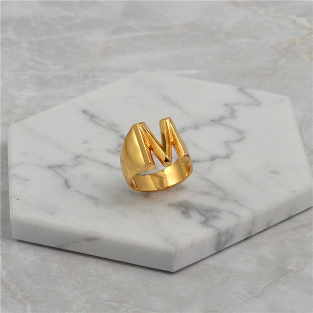 Brass With 18K Yellow Gold Plated English Letters Alphabet Rings Size Adjustable - M - Luxury Jewelry by WAAMII
