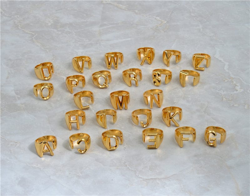 Brass With 18K Yellow Gold Plated English Letters Alphabet Rings Size Adjustable - - Luxury Jewelry by WAAMII