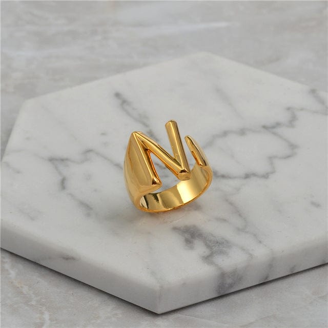 Brass With 18K Yellow Gold Plated English Letters Alphabet Rings Size Adjustable - N - Luxury Jewelry by WAAMII