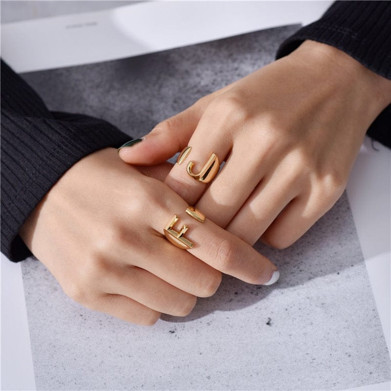 Brass With 18K Yellow Gold Plated English Letters Alphabet Rings Size Adjustable Jewelry WAAMII