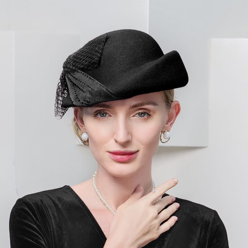 Bristish Style Wool Pillbox Hat Fascinator Derby Church Hat WB5233 - Black - Luxury Accessories by WAAMII