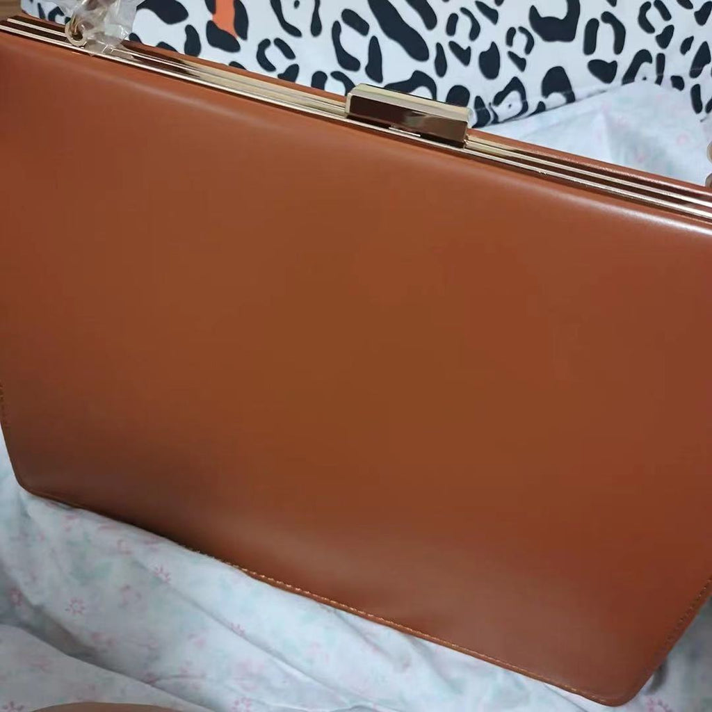 Gold Clip Buckle Top Genuine Leather Tote Lady Business Bag - Brown - Luxury bags by WAAMII