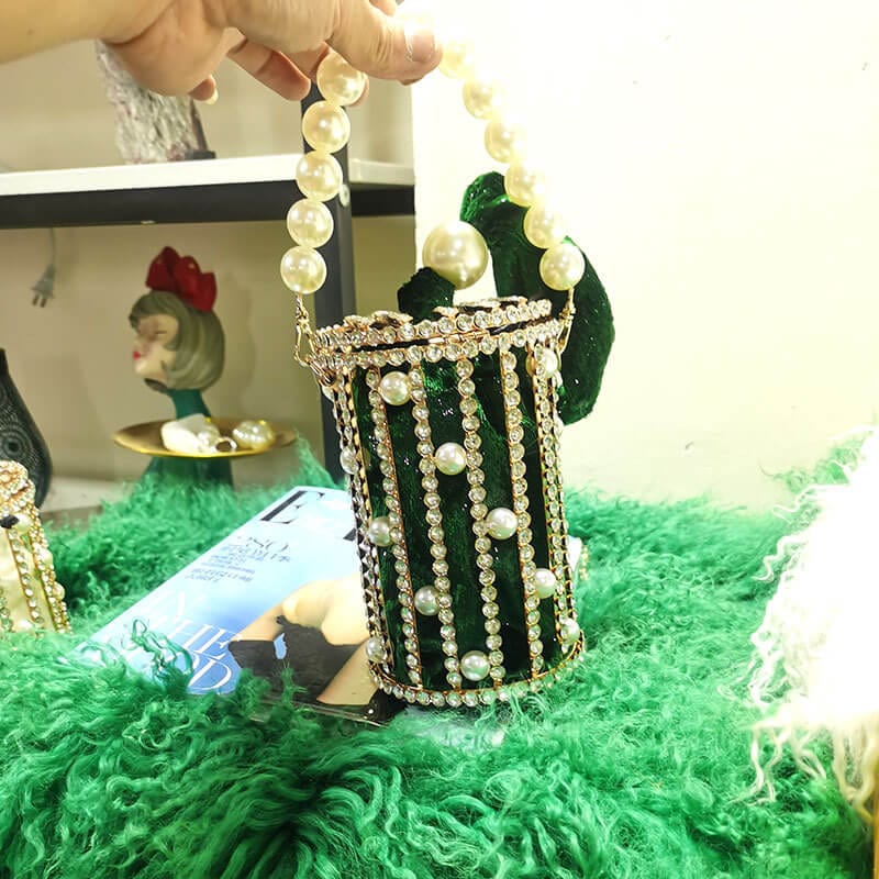Carla Pearl Rhinestone Bucket Clutch With Shoulder Chains - - Luxury bags by WAAMII