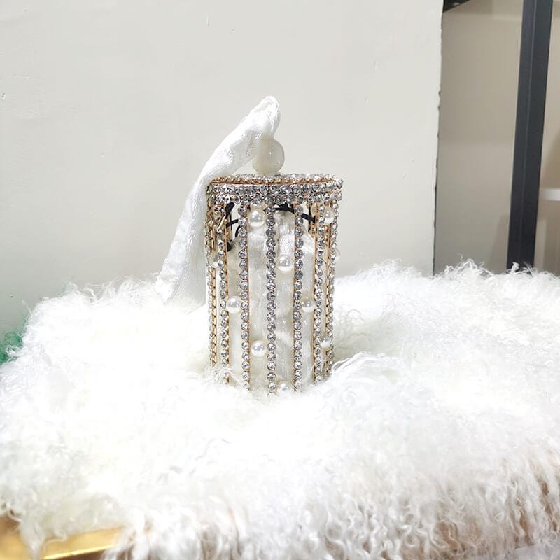 Carla Pearl Rhinestone Bucket Clutch With Shoulder Chains - - Luxury bags by WAAMII
