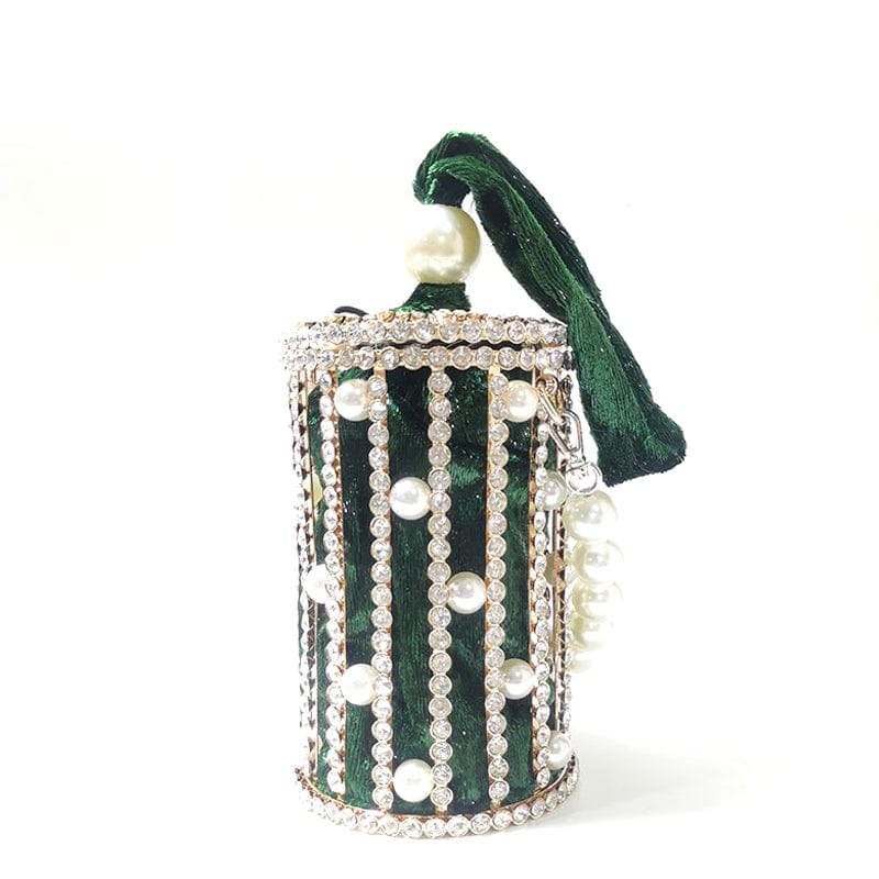 Carla Pearl Rhinestone Bucket Clutch With Shoulder Chains - Dark Green - Luxury bags by WAAMII