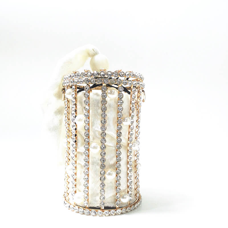 Carla Pearl Rhinestone Bucket Clutch With Shoulder Chains - White - Luxury bags by WAAMII