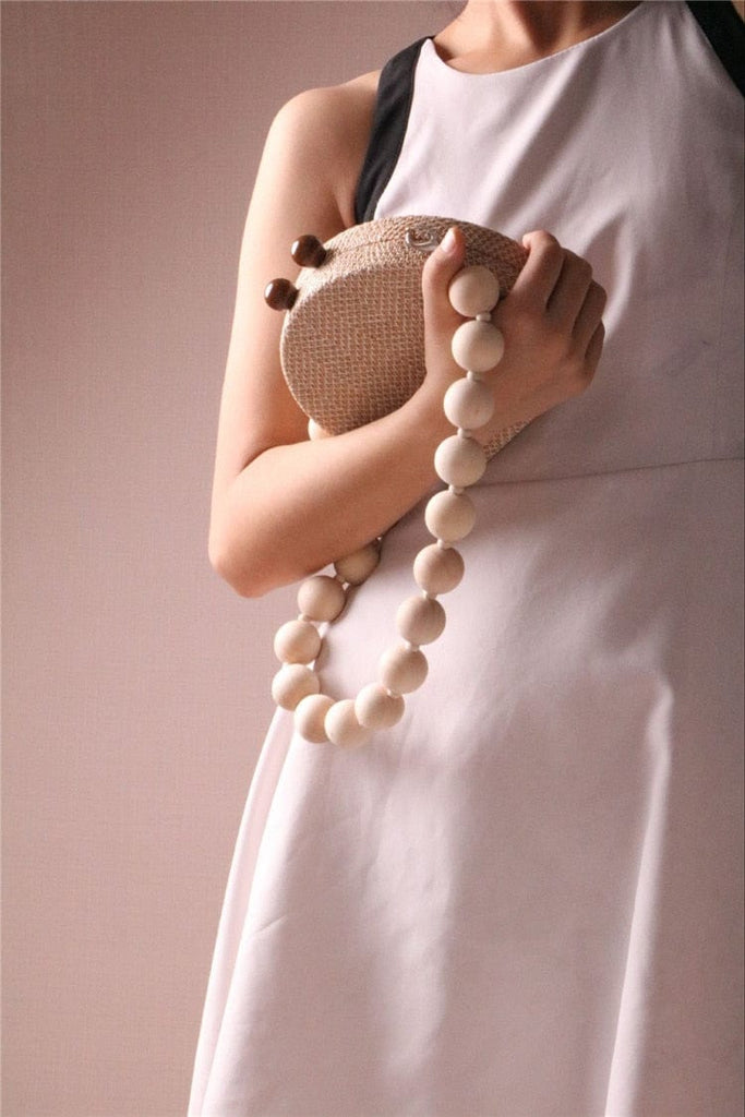 Circular Weave Handbag Beach Bag With Resin Wooden Strip - - Luxury bags by WAAMII