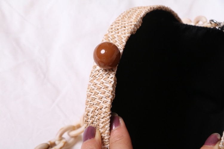 Circular Weave Handbag Beach Bag With Resin Wooden Strip - - Luxury bags by WAAMII