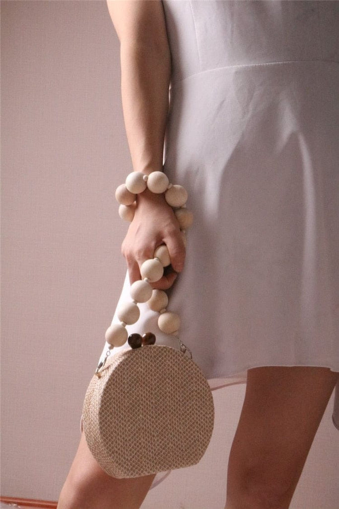 Circular Weave Handbag Beach Bag With Resin Wooden Strip - - Luxury bags by WAAMII