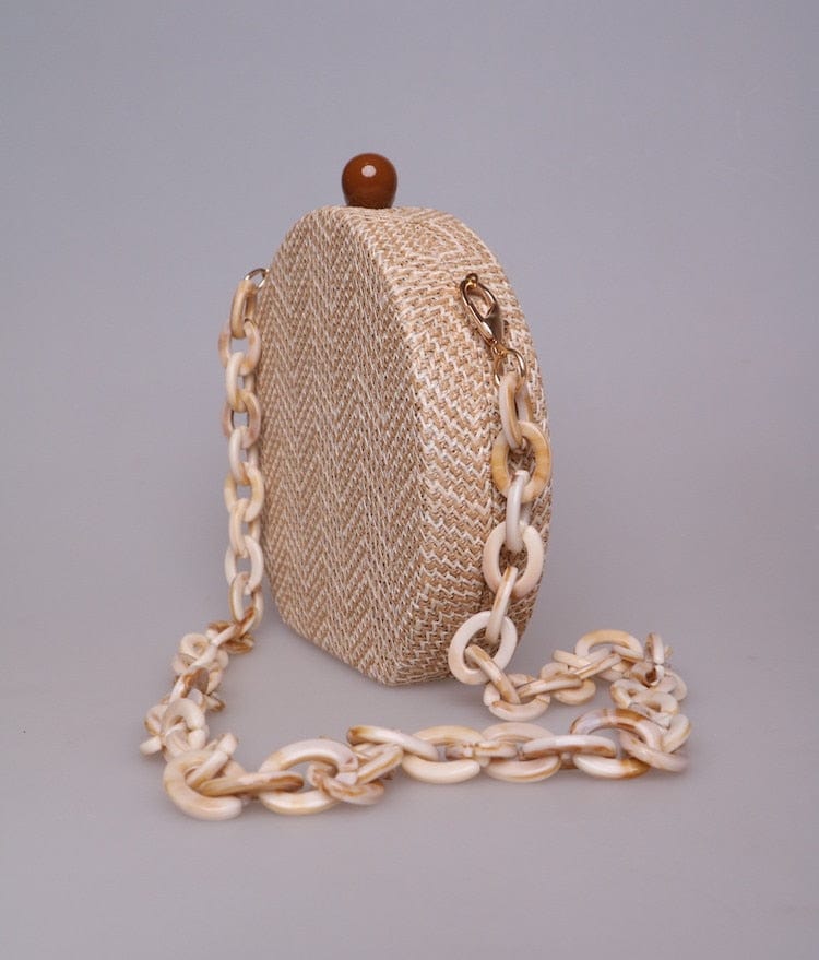 Circular Weave Handbag Beach Bag With Resin Wooden Strip - - Luxury bags by WAAMII