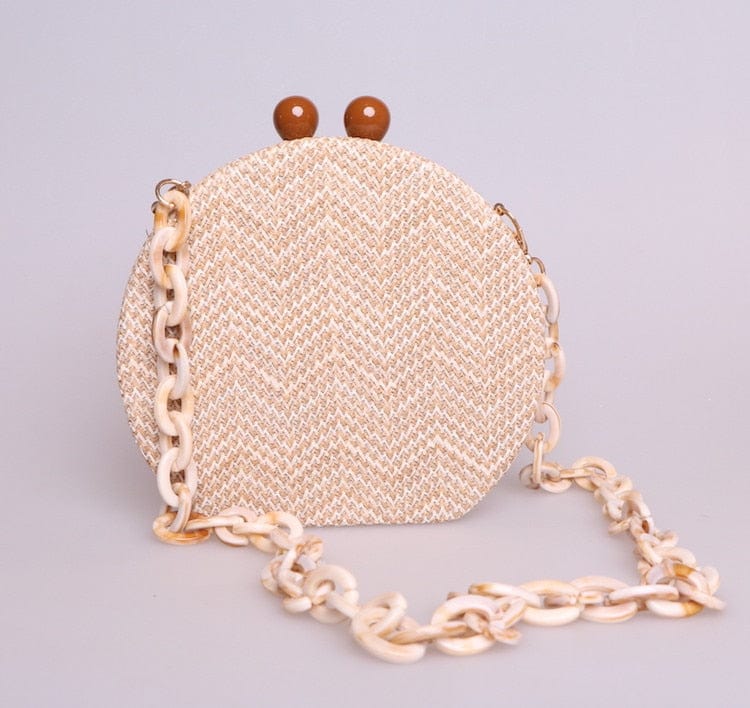 Circular Weave Handbag Beach Bag With Resin Wooden Strip - - Luxury bags by WAAMII