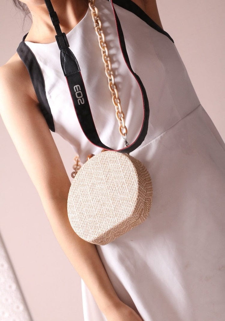 Circular Weave Handbag Beach Bag With Resin Wooden Strip - - Luxury bags by WAAMII