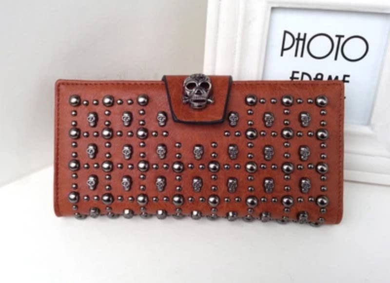 Cool Punk Style Black Skull Purse Buckle Clasp Wallet bags WAAMII Brown  