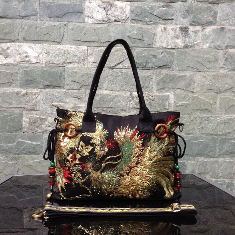 Designer Luxury Gold Thread Phoenix Hand Embroidery Bag Tote-Wood Bead Trim Limited Edition - Black 45x32x11cm - Luxury bags by WAAMII