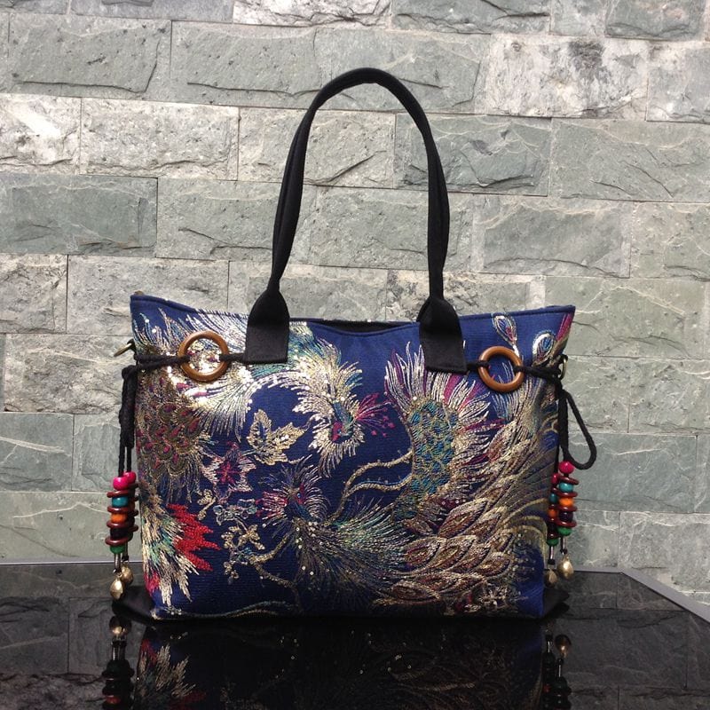 Designer Luxury Gold Thread Phoenix Hand Embroidery Bag Tote-Wood Bead Trim Limited Edition - - Luxury bags by WAAMII
