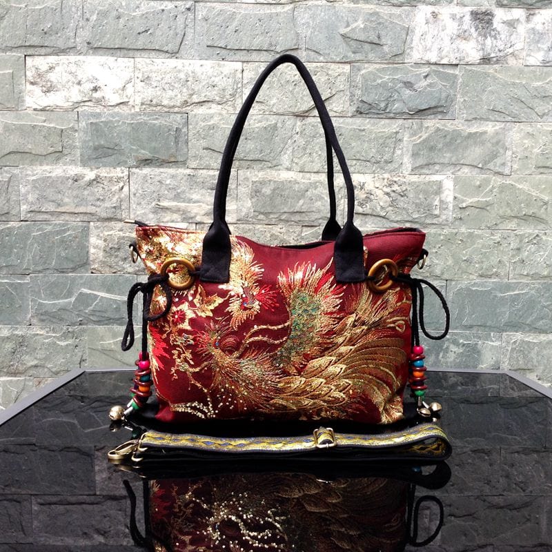 Designer Luxury Gold Thread Phoenix Hand Embroidery Bag Tote-Wood Bead Trim Limited Edition - - Luxury bags by WAAMII