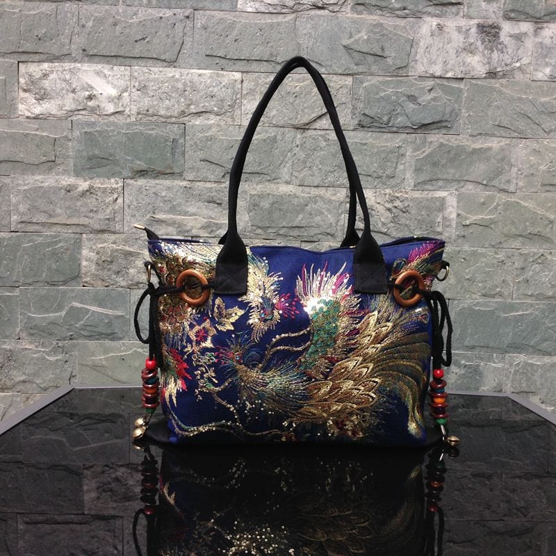 Designer Luxury Gold Thread Phoenix Hand Embroidery Bag Tote-Wood Bead Trim Limited Edition - - Luxury bags by WAAMII