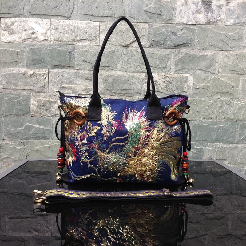 Designer Luxury Gold Thread Phoenix Hand Embroidery Bag Tote-Wood Bead Trim Limited Edition - Blue 45x32x11cm - Luxury bags by WAAMII