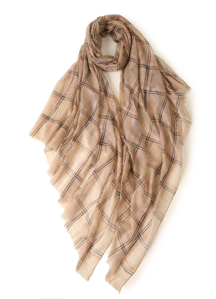 Designer Shawl Gold Thread Metalic Plaid Scarf-Pink/Black - - Luxury Accessories by WAAMII