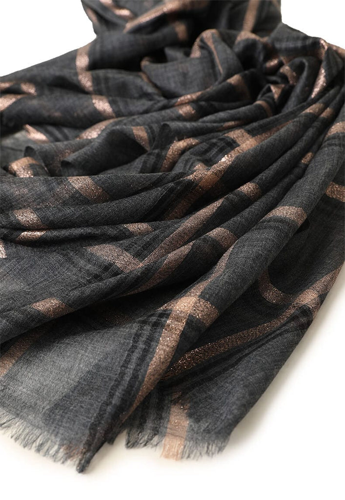 Designer Shawl Gold Thread Metalic Plaid Scarf-Pink/Black - - Luxury Accessories by WAAMII