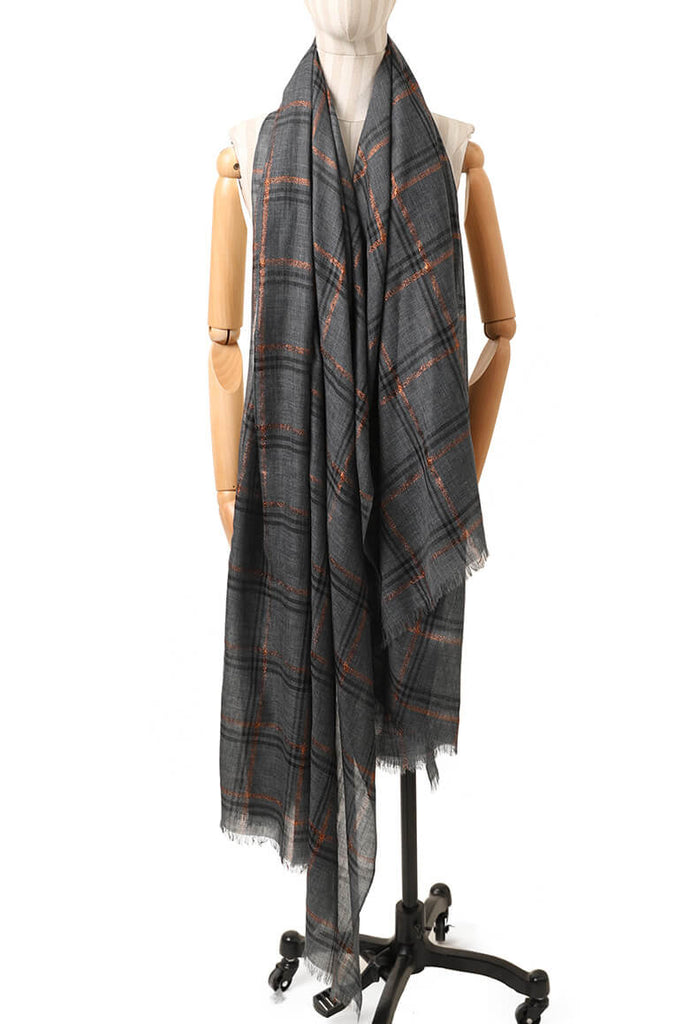 Designer Shawl Gold Thread Metalic Plaid Scarf-Pink/Black - - Luxury Accessories by WAAMII
