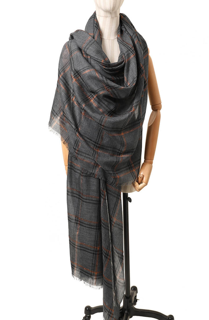 Designer Shawl Gold Thread Metalic Plaid Scarf-Pink/Black - - Luxury Accessories by WAAMII