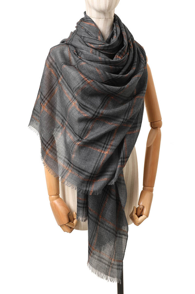 Designer Shawl Gold Thread Metalic Plaid Scarf-Pink/Black - - Luxury Accessories by WAAMII