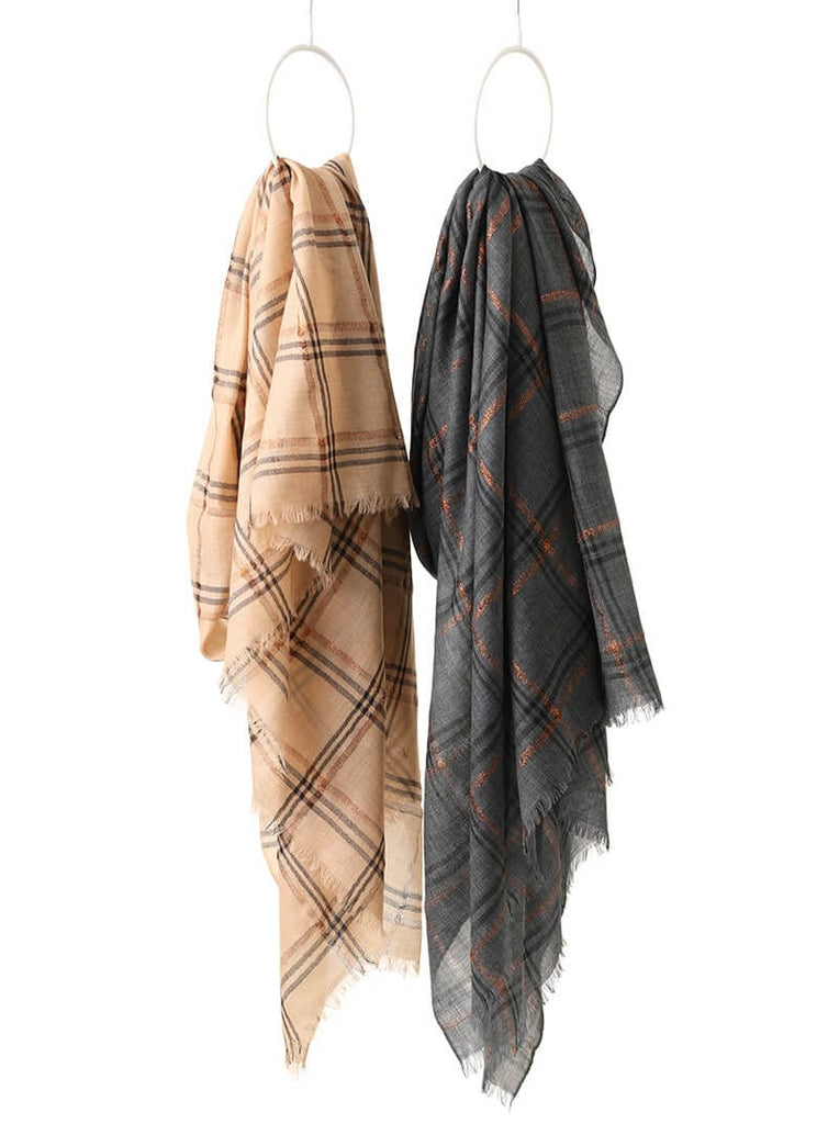 Designer Shawl Gold Thread Metalic Plaid Scarf-Pink/Black - - Luxury Accessories by WAAMII