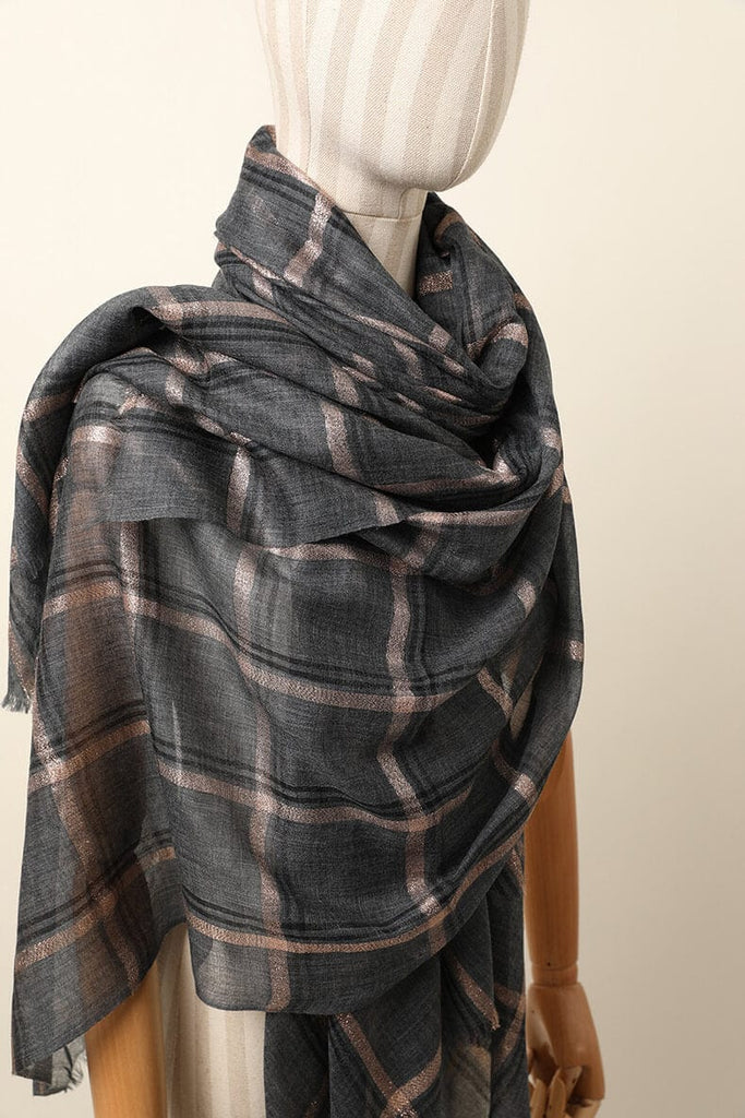 Designer Shawl Gold Thread Metalic Plaid Scarf-Pink/Black - - Luxury Accessories by WAAMII