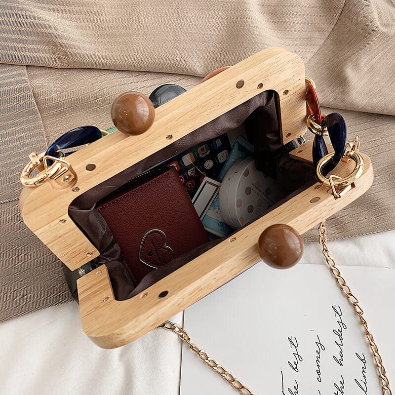 Designer Wooden Clutch Crossbody Bag With Acrylic Bold Chains - - Luxury bags by WAAMII