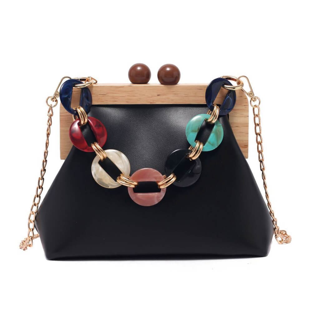 Designer Wooden Clutch Crossbody Bag With Acrylic Bold Chains - Black - Luxury bags by WAAMII