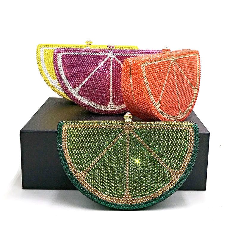 Double Sided Full Crystal Metallic Lemon Orange Fruit Clutch Evening Purse bags WAAMII   