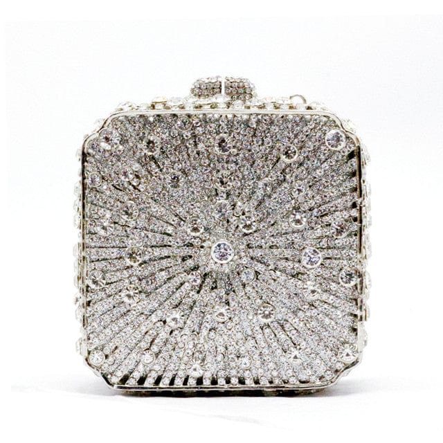 Double Sided Hollow Out Full Crystal Mini Box Clutch Evening Purse - silver - Luxury bags by WAAMII