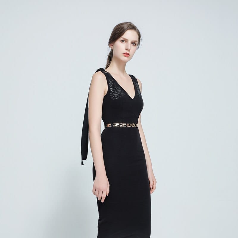 Elastic Metallic Mirror Gold Black Tone Thin Waist Belt - - Luxury Accessories by WAAMII