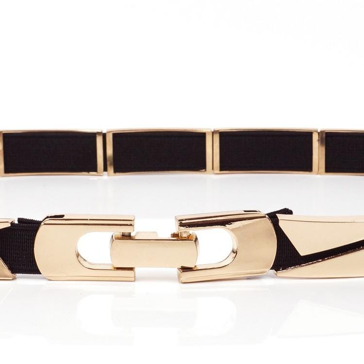 Elastic Metallic Mirror Gold Black Tone Thin Waist Belt - - Luxury Accessories by WAAMII
