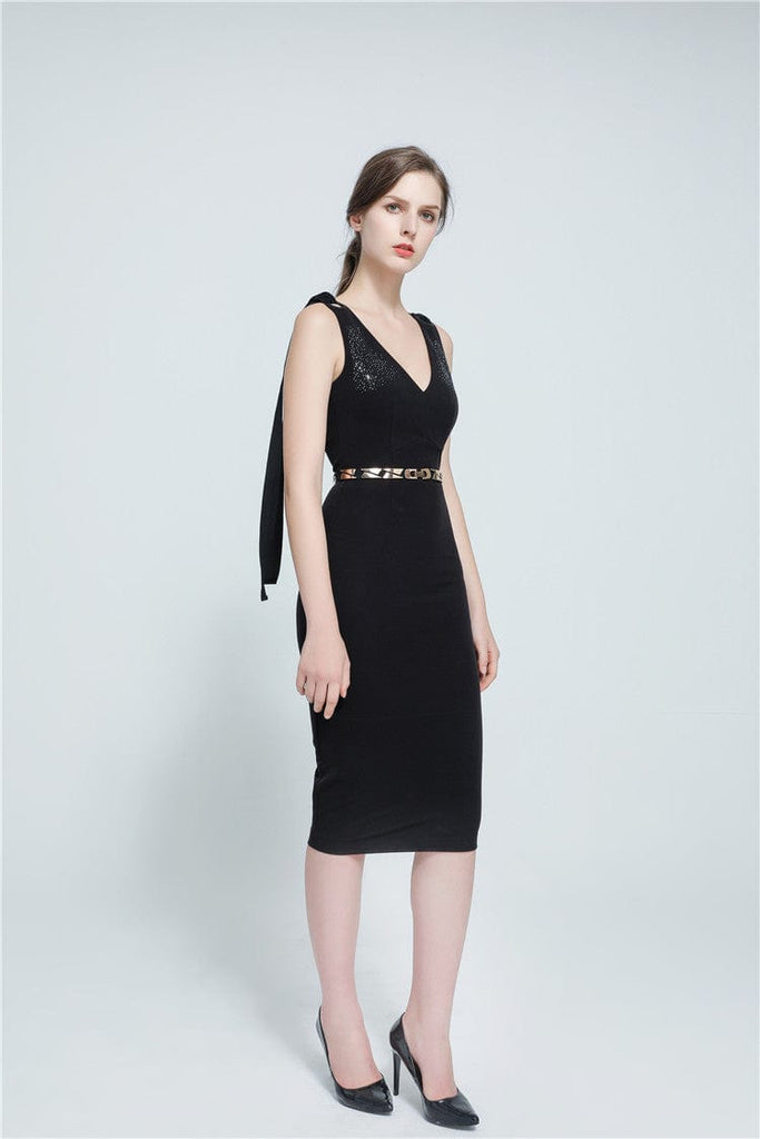 Elastic Metallic Mirror Gold Black Tone Thin Waist Belt - - Luxury Accessories by WAAMII