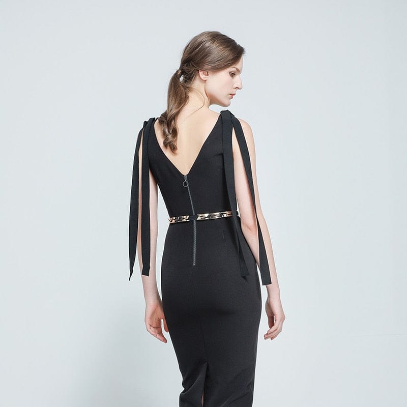 Elastic Metallic Mirror Gold Black Tone Thin Waist Belt - - Luxury Accessories by WAAMII