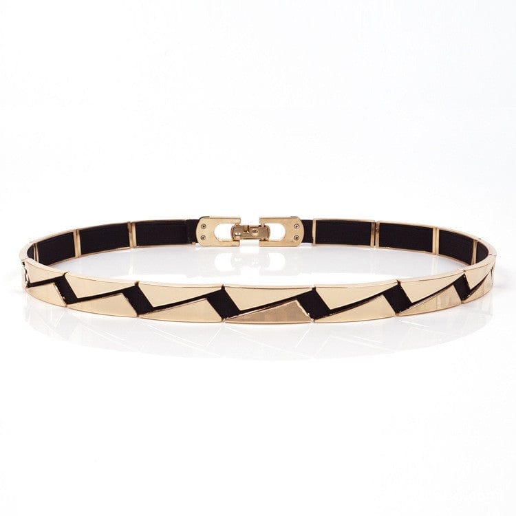 Elastic Metallic Mirror Gold Black Tone Thin Waist Belt - - Luxury Accessories by WAAMII