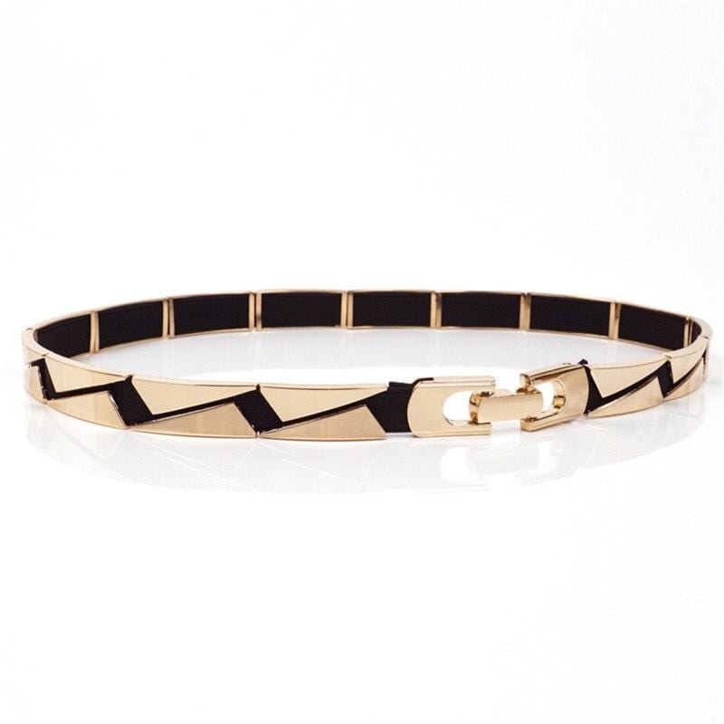 Elastic Metallic Mirror Gold Black Tone Thin Waist Belt - - Luxury Accessories by WAAMII
