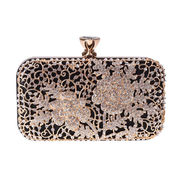 Elegant Crystal Hollow Out Metal Clutch Bag Ladies Purse - Black - Luxury bags by WAAMII