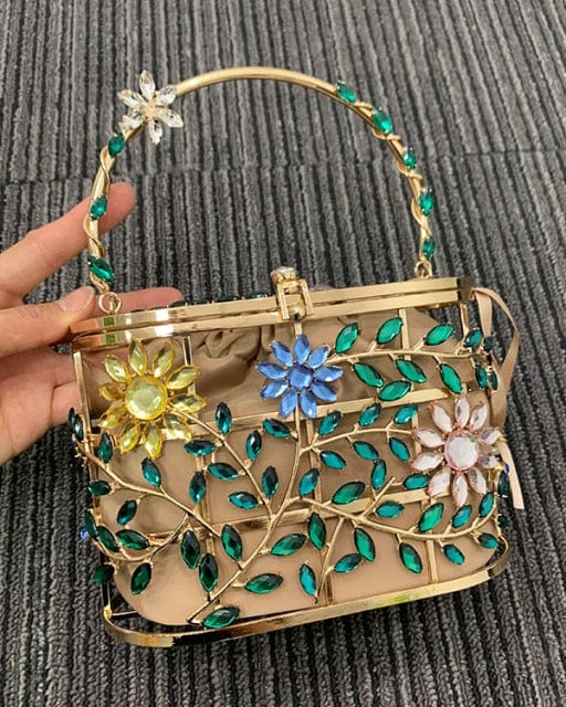 Floral Hollow Out Metallic Cage Clutch - Khaki L18xW9xH13 cm - Luxury bags by WAAMII